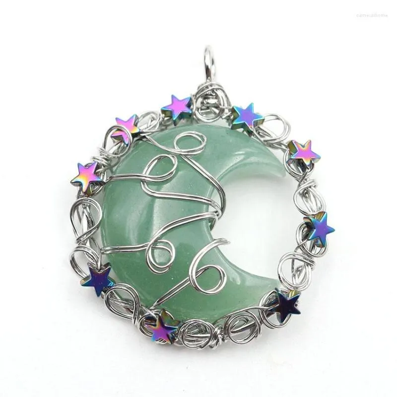 Pendant Necklaces FYJS Unique Silver Plated Wire Wrap Crescent Moon Star Green Aventurine Clear Quartz Jewelry