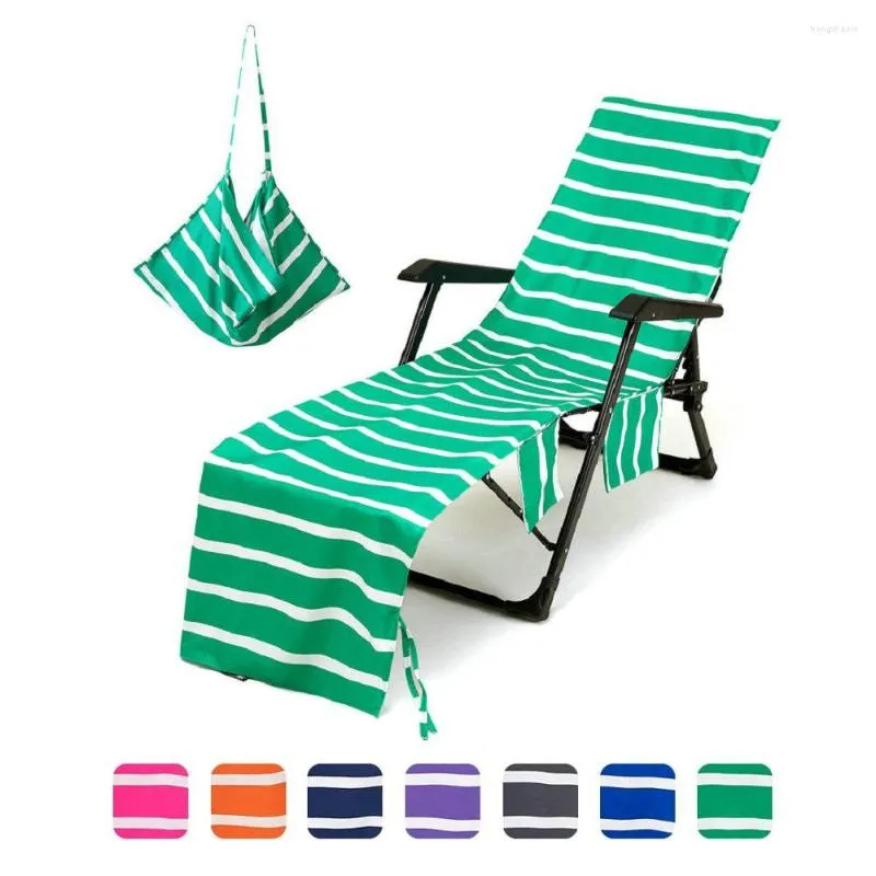 Housses de chaise Fashion Striped Beach Lounge Cover Serviette en microfibre Piscine avec poches Holidays Sun Mat