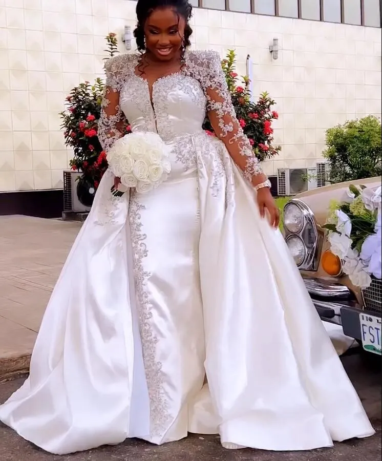 2023 Abiti da sposa a sirena arabi Aso Ebi con strascico staccabile Perle di perline di pizzo africano Abiti da sposa a maniche lunghe vintage