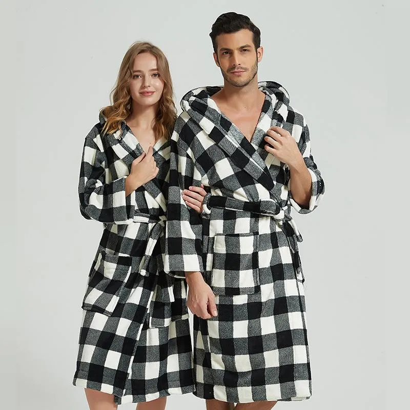 Men's Sleepwear Hooded Robe Flannel Lovers Nightgown Men Women Bathrobes Coral Fleece Thick Long-sleeved Pajamas Home Service BathrobeMen's