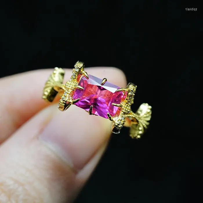 Wedding Rings Female Rose Red Square Crystal Ring Charm Yellow Gold Color For Women Luxury Bride Zircon Stone Engagement