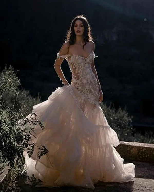 Elegant Off Shoulder Lace Applique Mermaid Bridal Gown: Tiered