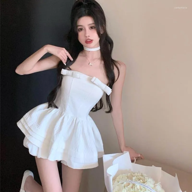 Women's Tracksuits Sweet Two Pieces Women 2023 Sexy White Bowknot Strapless Top Puffy Skirt Shorts 2 Pcs Suits Girls Cute Summer Outfits