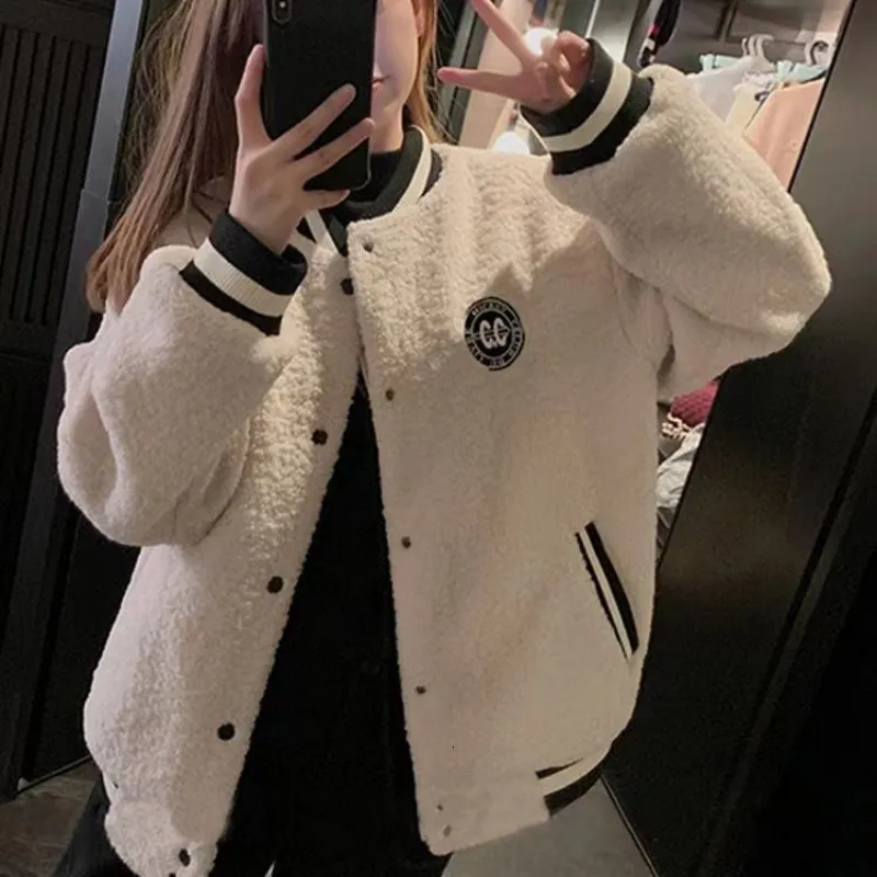 Womens Jackets Deeptown Baseball Harajuku Varsity Women Korean Style Lamb Wool Beige Oversized Coats Allmatch Sweet Chic Clothes 230202