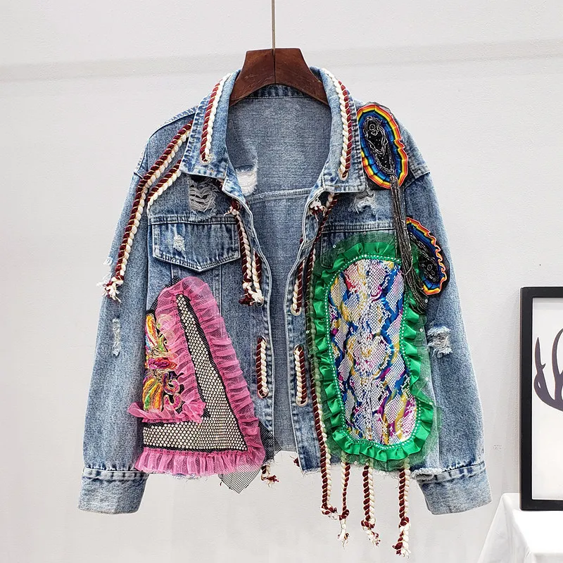 Women's Jackets Spring Autumn Streetwear Patchwork Print Frayed Diamonds Denim Jacket Women Mesh Lace Up Short Casual Jean Coat Female Outerwear 230202