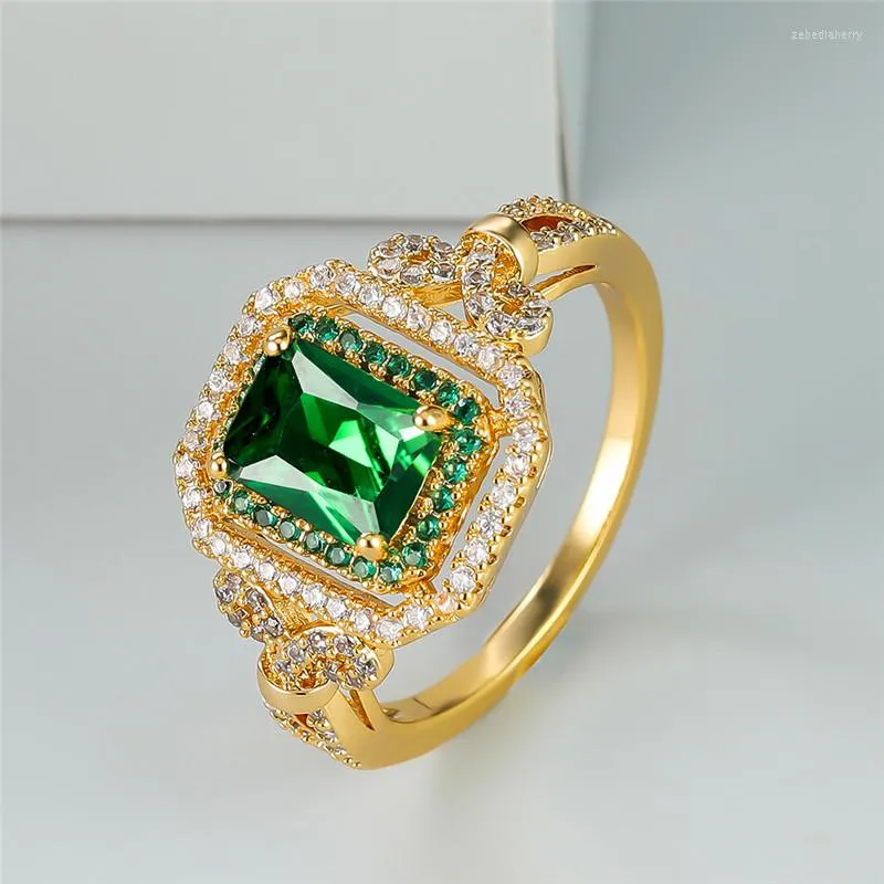 Bröllopsringar lyxiga kvinnliga squarel Green Crystal Ring Classic Yellow Gold Color Engagement Dainty Zircon för kvinnor