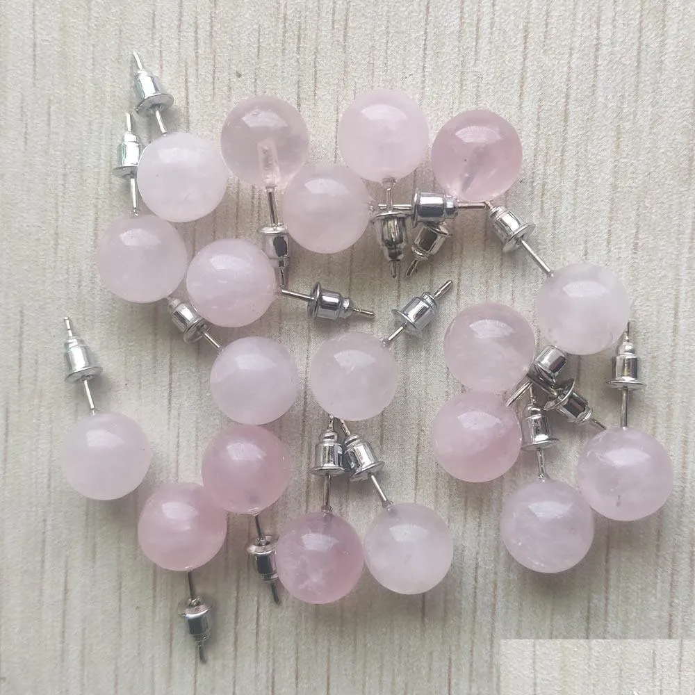 Stud Natural Rose Quartz Stone Redes de bola redonda de 10 mm Brincos de a￧o inoxid￡vel para mulheres entrega de gota por atacado DHGARDEN DHPXH