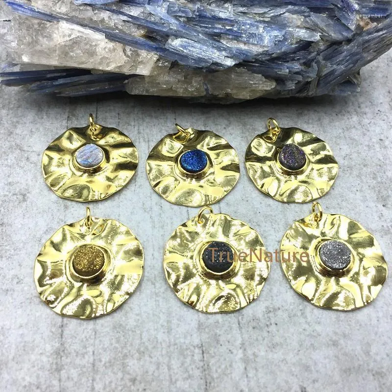 Colares pendentes de moeda de latão reticulada druzy shimmer dourado martelado conector redondo 6 cores em 30 mm pm4826