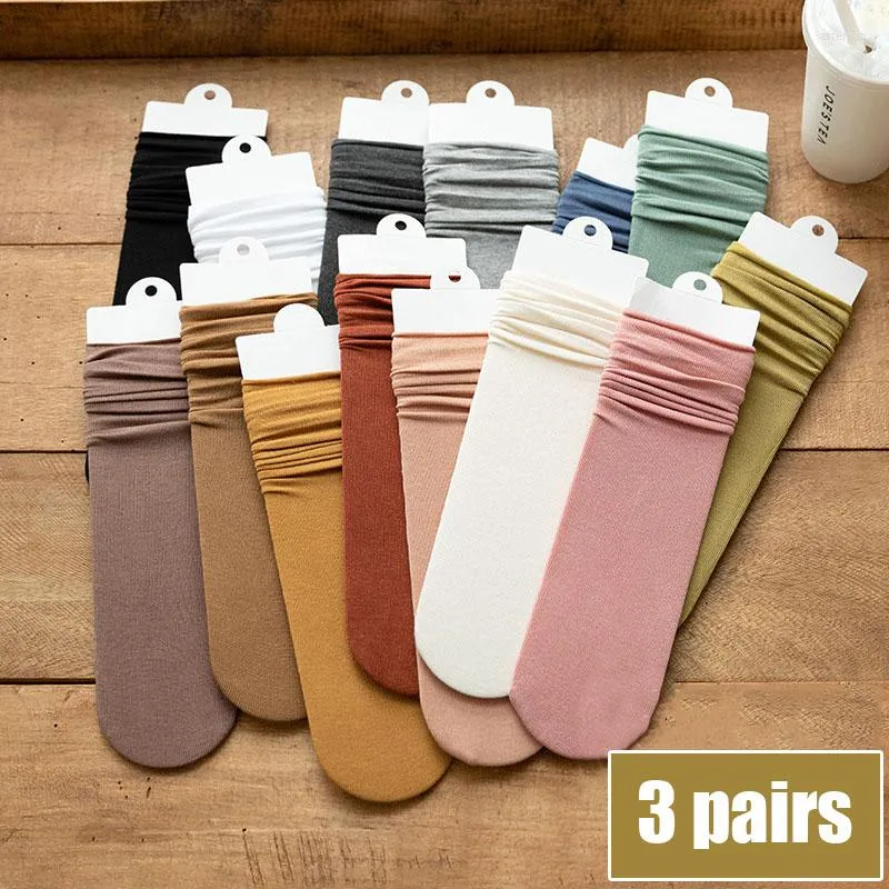 Women Socks 3 Pairs 2023 Spring Lady Thin High Tube Solid Color Female Japanese Style Cotton Long