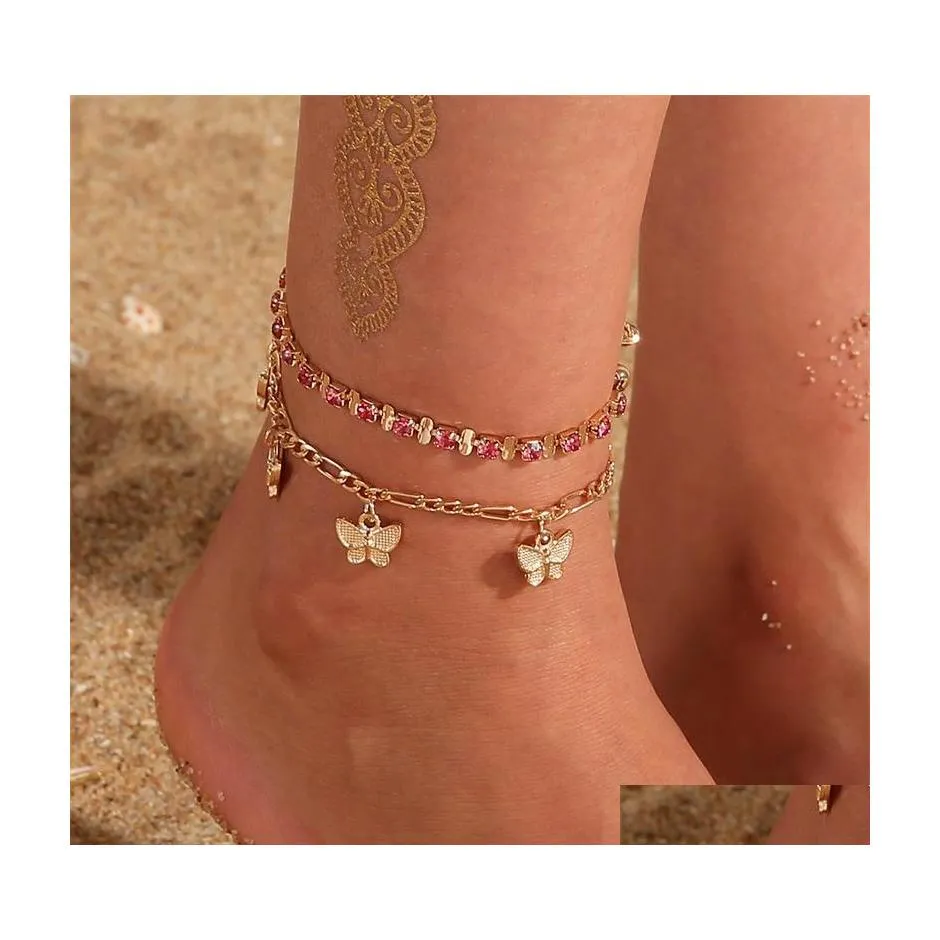 Cadletti di braccialetti alla caviglia di cristallo di strass per donne sandali farfalla caviglia boho beach piede ghiacciato catene femminile moda 156 o2 dhgd8