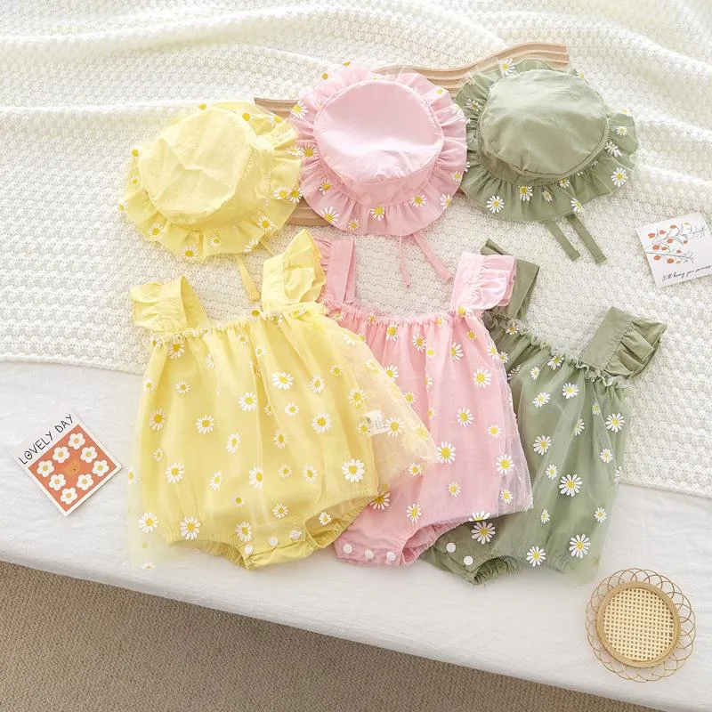 Robes d'été pour filles, 1 ensemble, vêtements pour bébés filles, combinaison avec manches de chapeau, coton imprimé, épissage de maille, barboteuse pour tout-petits