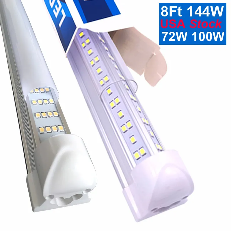 Tube LED double face à 4 rangées de 4 pieds, 8 pieds, 144W, luminaires intégrés en forme de V, SMD2835, ultra lumineux, blanc froid 6500K, AC110V, AC120V, AC277V, ampoules de travail oemled