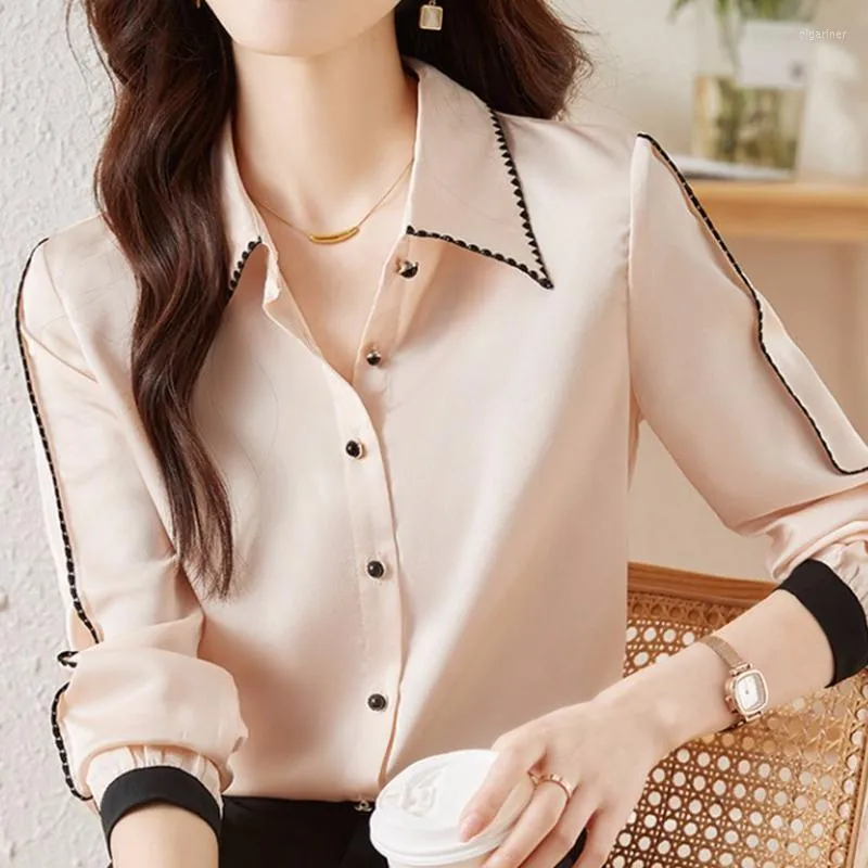 Women's Blouses 2023 Autumn Silky Blouse Women's Fashion Long-Sleeve Solid Beige Color Loose Chiffon Shirt Office Lady Formal Shirts