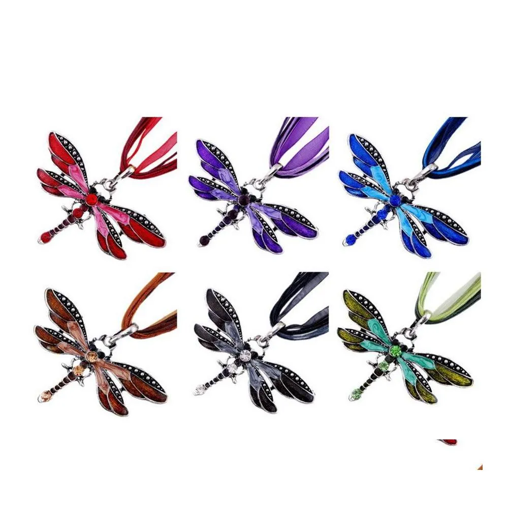 Collares pendientes Vintage Dragonfly Ribbon Cord Collar Púrpura Rojo Verde Crystal Bead Jewelry Para Mujeres Niñas Drop Delivery Colgantes Ot4Vf