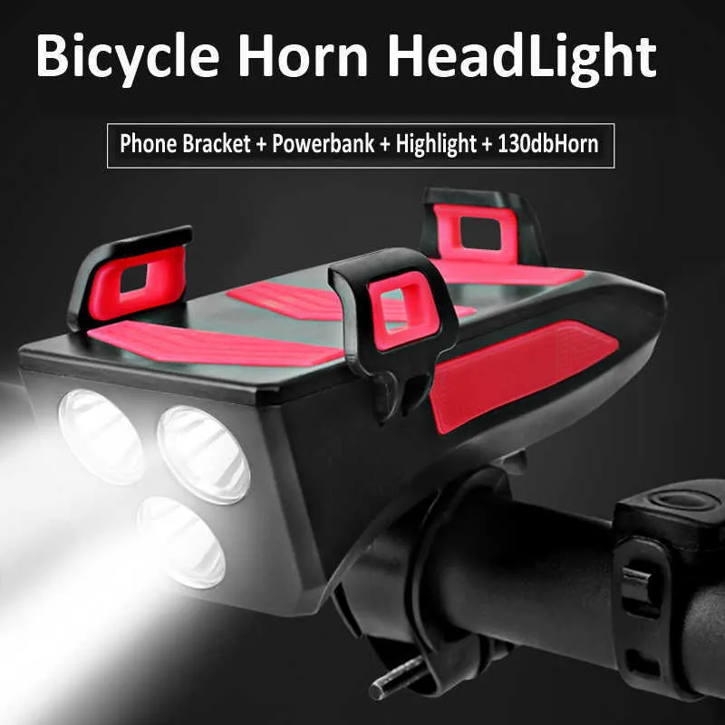 Lights Light Lamp With Bicycle Alarm Bell Phone Holder Powerbank 4 in 1 Multi-function Bike Flashlight 0202