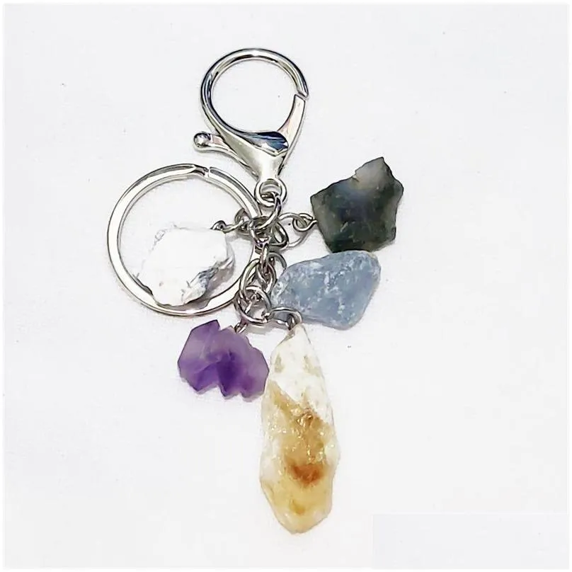 Anelli chiave naturale a pietra ruvida set di tining keychain cristallo di cristallo fluorite da uomo porta automobilistica per auto -moto gioielli dro dhgarden dhokc