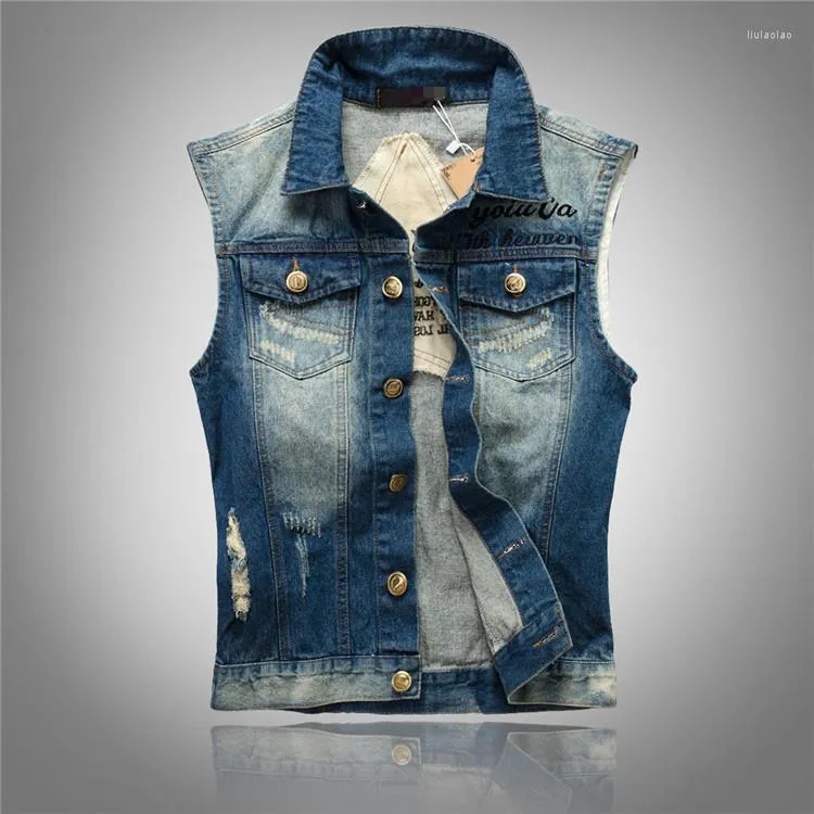 Herrenwesten Denim Weste Patchwork für Männer 5XL Plus Größe Slim Holes Jean Jacke Brief Stickerei Casual Male Colete Gilet