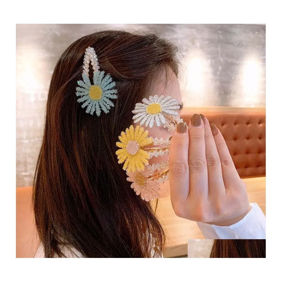 Barrettes Barrettes Corée Petite Daisy Clip Pour Femmes Fille Mignon Doux Épingle À Cheveux Bangs Strass Cristal Fleur Barrette Bijoux Dro Otvpy