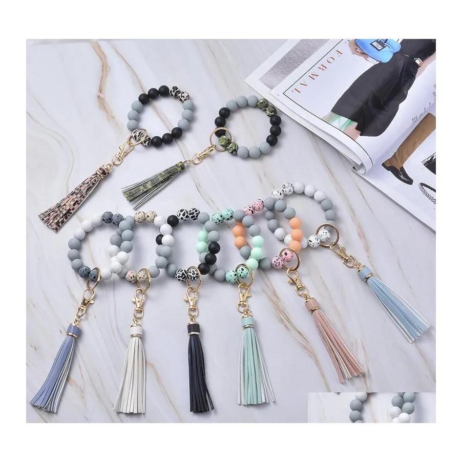 Key Rings Sile Wooden Beads Chain Mticolor Tassel Bracelet Keyring Large Circle Keychains Wristlet Jewelry 119C3 Drop Delivery Dhudz