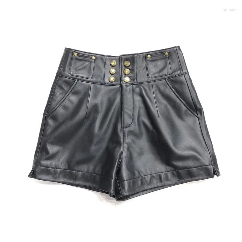 Dames shorts locomotief leer vrouwen femme chique veelzijdige bronzen dubbele rij gesp belfprofiel hoge taille schapenvacht slanke benen dunne broek