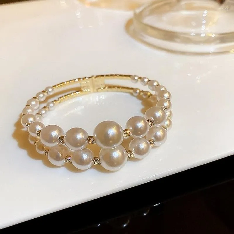 Bangle Lovelink Korean Elegant Irregular Round White Pearl Bracelets Girls Adjustable Double Layer Zircon Women Fine Jewelry