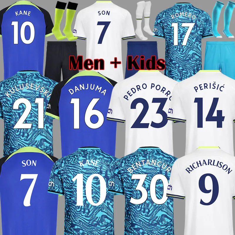 22 23 Kane Son Pedro Porro Soccer Jerseys Richarlison Kulusevski Perisic 2022 2023 Hojbjerg Danjuma Tottenham Shirt Blue Romero Tops Men Kit Kids Equipment Sets 999