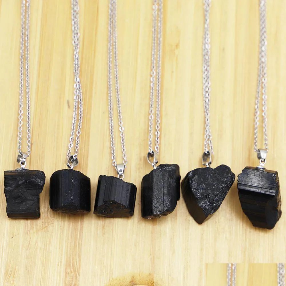 Pendant Necklaces Natural Stone Black Tourmaline Irregar Rough Healing Crystal Repair Ore Cylinder Men Women Jewellry Drop D Dhgarden Dh3Ik