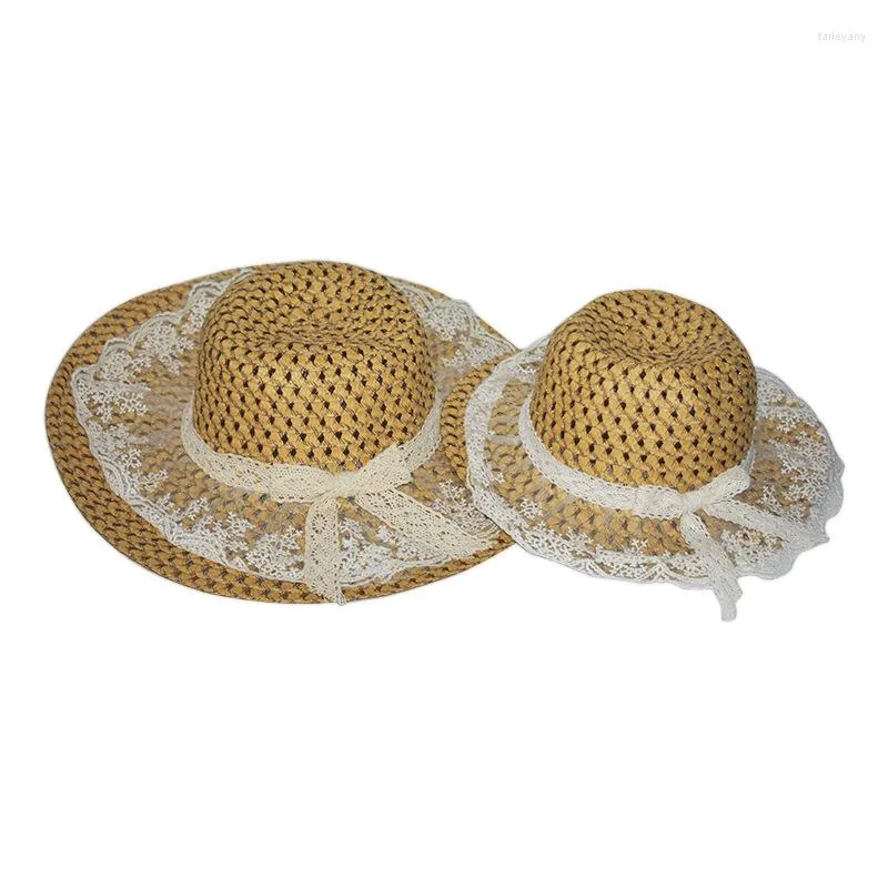 Cappelli a tesa larga estivi genitore-figlio in nastro di pizzo solido bombetta da sole donna casual outdoor cappello di paglia piatto berretti Panama