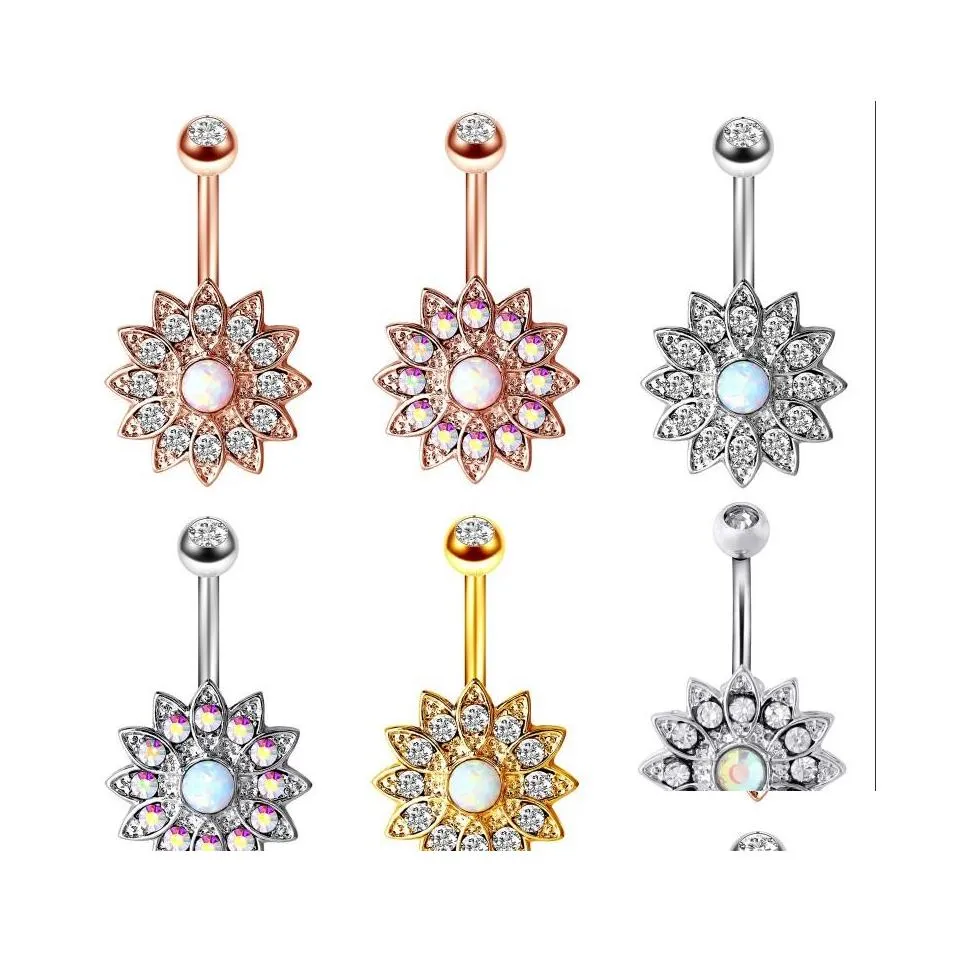 Navel Bell -knop Ringen Australische edelsteen Diamant inleg Mticolor Zon Flower Punctie Sieraden Navelstreng Medical Steel Dance Belly Dhx5r