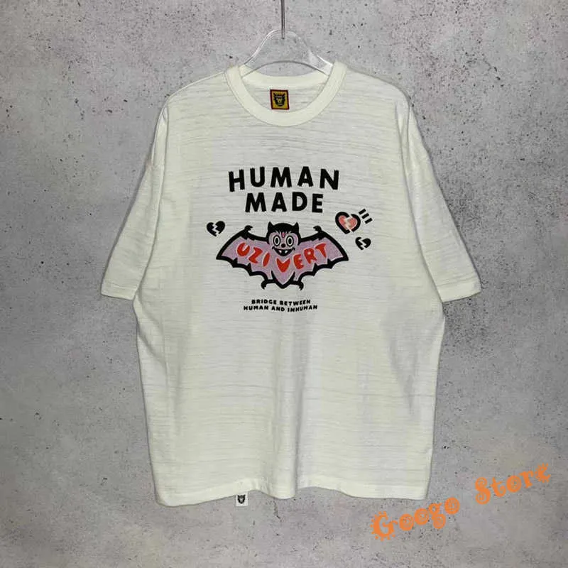 Herr t-shirts sommarstil Sbreathable Slub Cotton Human Made T-shirt Högkvalitativt fladdermönster Vit Human Made T-skjortor Män kvinnor Lossa tee G230202