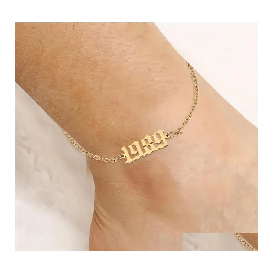 Charm Bracelets Personalize Stainless Steel Ankle Bracelet 1980 To 2000 Special Birth Year Custom Number Anklet Friend Gifts Drop De Otyol