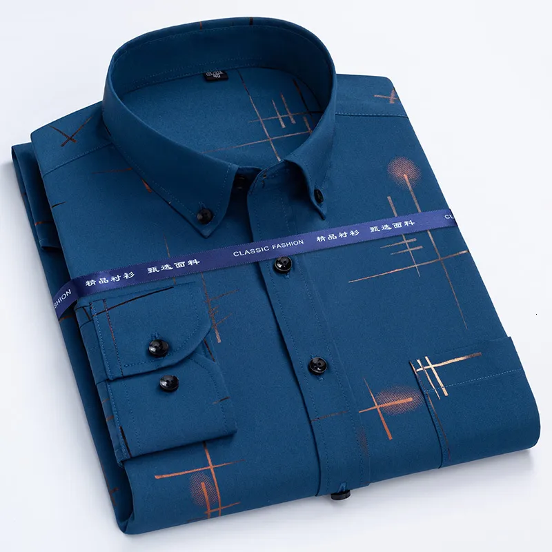 メンズカジュアルシャツシャツプリントメンズスプリングファッションカジュアルソフトコンフォートボタン格子縞のスマートシャツスリムフィットストレッチアンチウィンクルノンアイロンソーシャルトップ230202