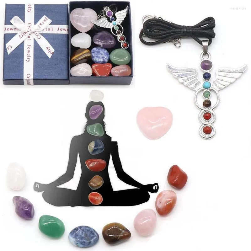 Hänge halsband naturliga stenar 7 chakra set helande kristaller 7st tumlade ädelsten hjärtformade roskvarts ängelvinge yoga smycken kit