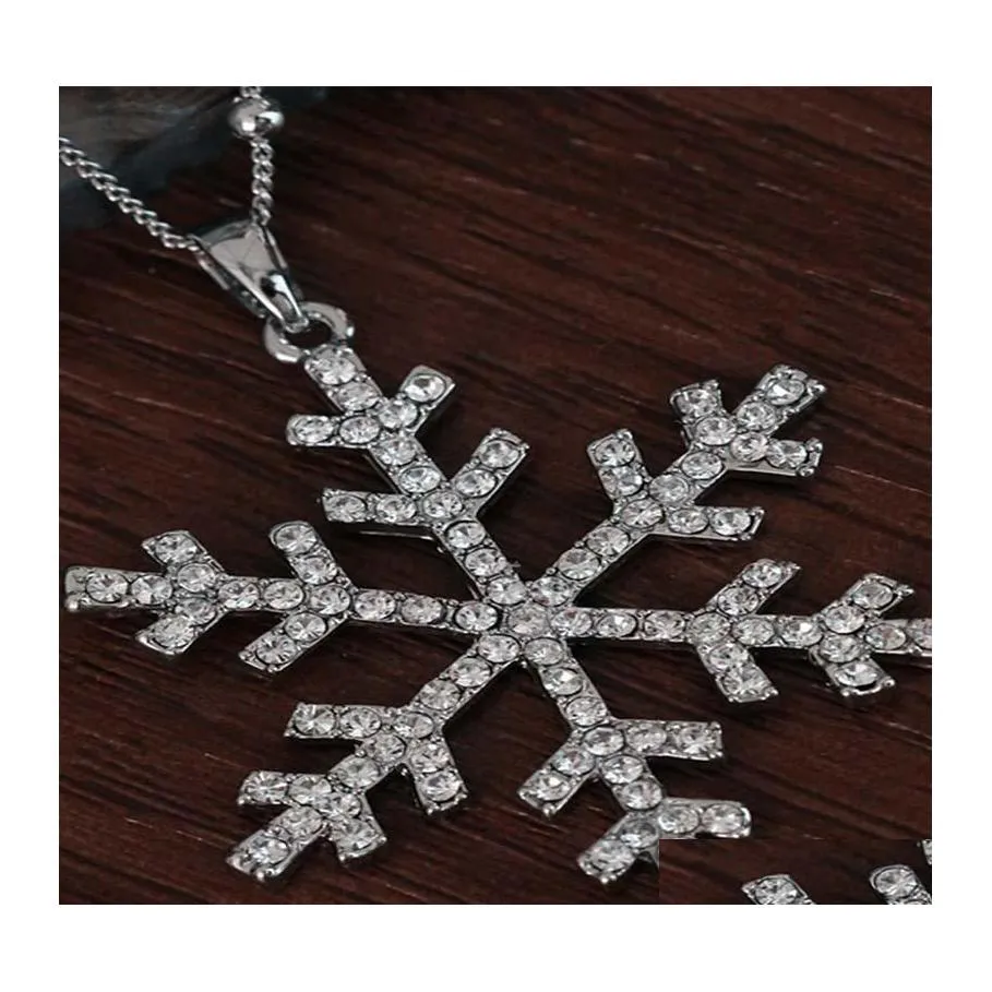 Pendant Necklaces Fashion Rhinestone Snowflake Long Chian Sweater Chain Double Layers Snow Necklace For Women Christmas Gift Drop De Otaoq