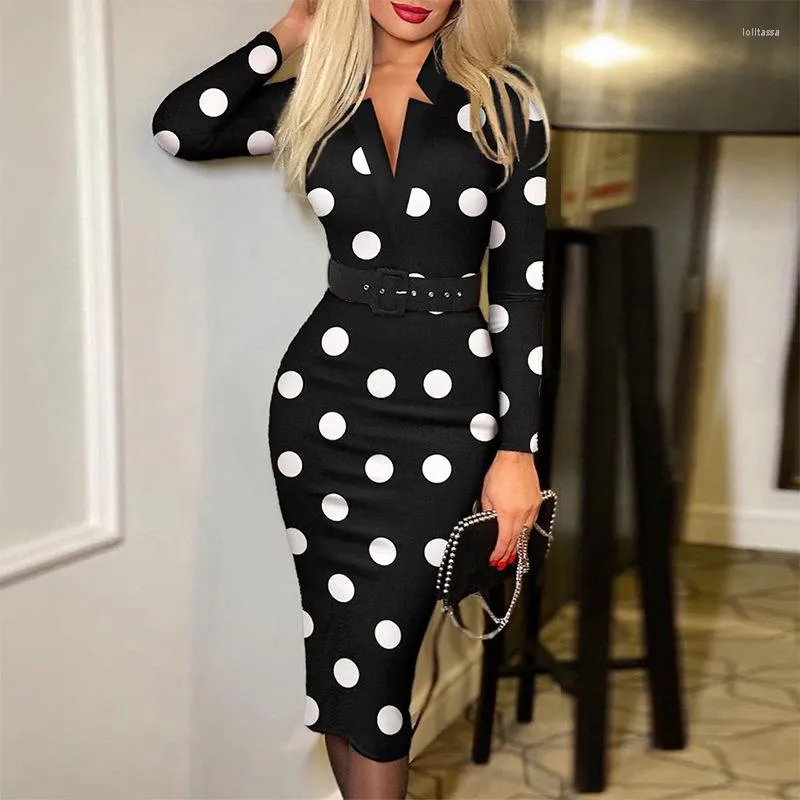 Casual Dresses Fashion Polka Dot Print Bodycon For Women V-Cut Long Sleeve High Waist Office Work Dress Elegant Party Clothes With Belt