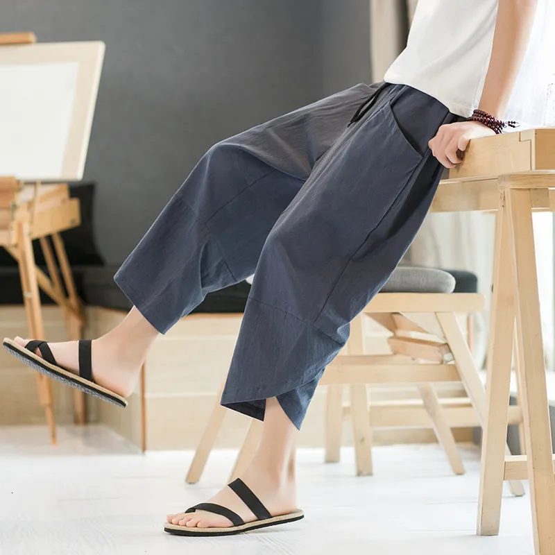 Pantalon pour hommes japonais taille élastique coton lin mâle été lâche respirant couleur unie fitness streetwear grande taille 5xl 230202