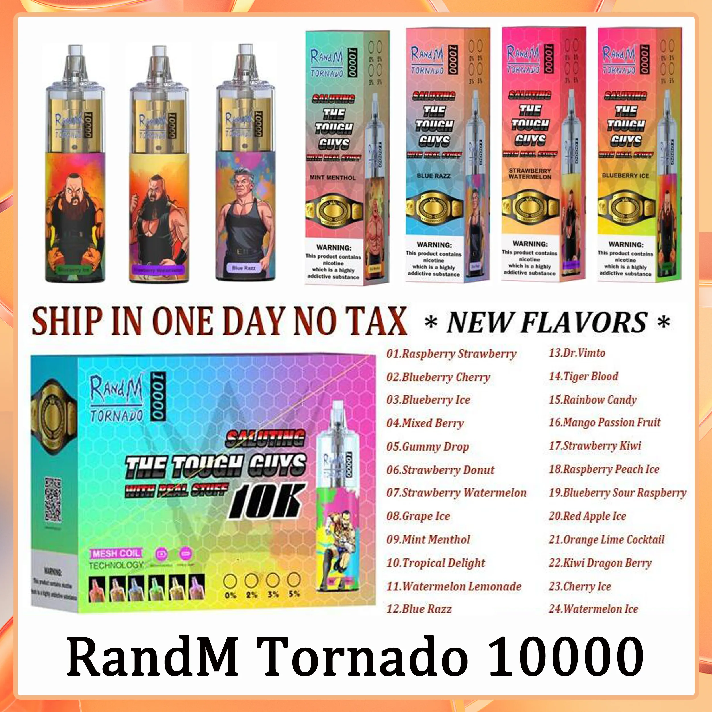 Original RandM Tornado 10000 Puffs Einweg-Vape-Pen E-Zigarette mit wiederaufladbarem 1000-mAh-Akku, Luftstromkontroll-Mesh-Spule, 20 ml vorgefüllter Pod, 10K, 24 Geschmacksrichtungen