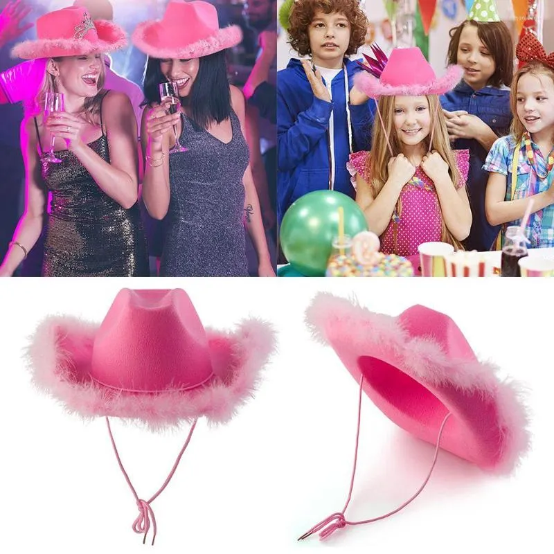 Berets Pink Cowgirl Hat With Feather Boa Fluffy Brim Cowboy Feathers For Bachelorette Costume Party Play Dress-Up