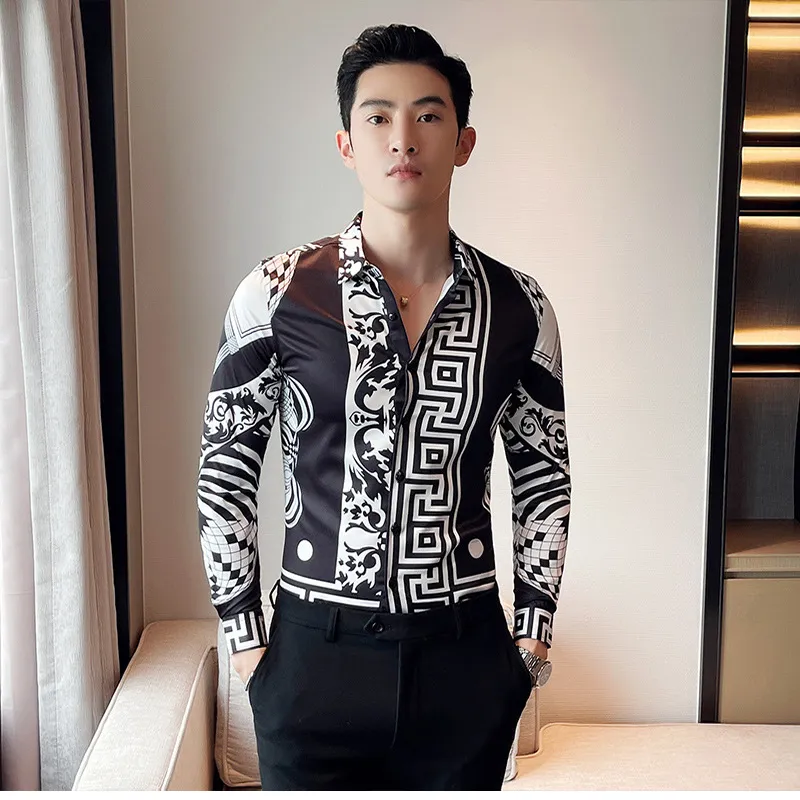 Western British Style Men s Shirt 2022 Autumn Winter New Temperament Fashion Brand Printing Clothing Pattern Design Slim Gent289c