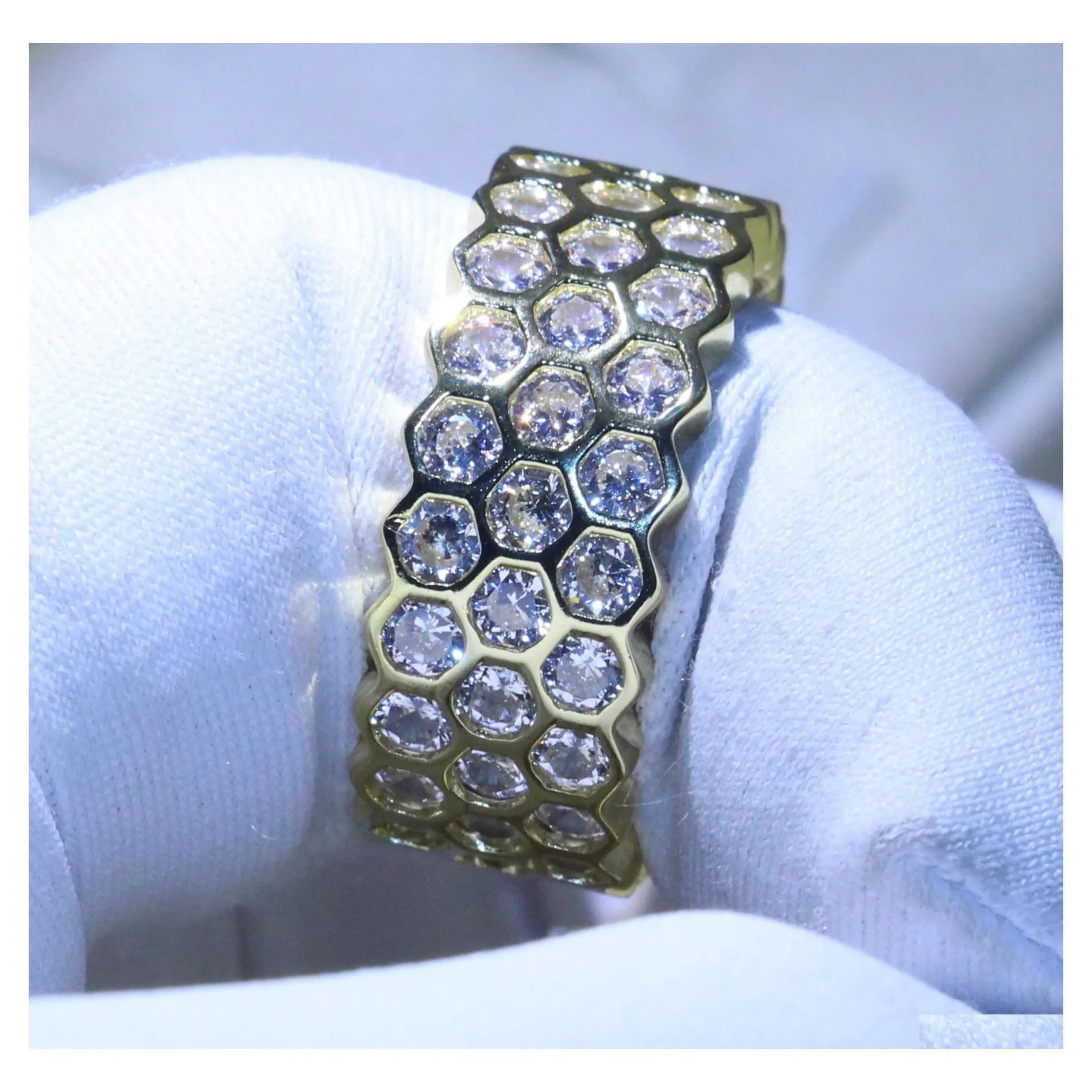 ウェディングリングヘキサゴン幾何学925 sier ampgold fill luxury Jewelry net white topaz cz diamond erternity Circle band ring for Drop de dhuxx