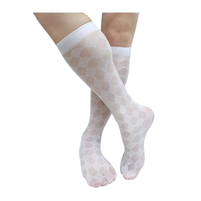 Chaussettes pour hommes Ultra minces Sheer High Tube Costume habillé à carreaux pour hommes Voir à travers des bas sexy pour chaussures en cuir Chaussettes de mode d'affaires pour hommes