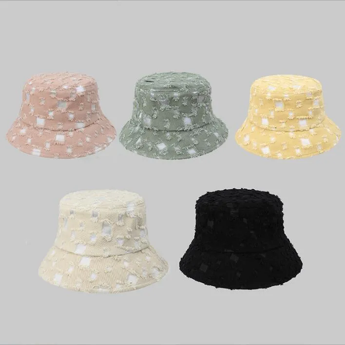 Bucket Cap Lattice Sun Fisher Hats Ripped Round Flat Top Wide Brim Fisherman Hat Summer Beach Caps Casual Gift Fashion Accessories BC255