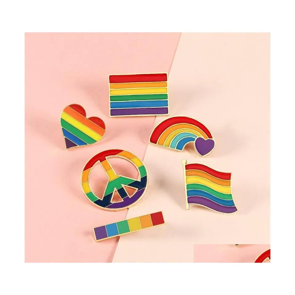 Épingles Broches Drapeau Arc-En-Cœur Broche Paix Et Amour Épingles En Émail Vêtements Sac Épinglette Gay Lesbian Pride Badge Unisexe Bijoux Gif Dhmfg