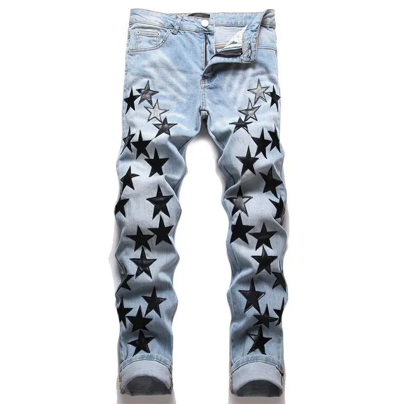 Дизайнерские мужские джинсы для походов, рваные брюки в стиле хип-хоп, модные брендовые брюки High Street, мотоциклетные брюки с вышивкой, облегающие узкие брюки-карандаш