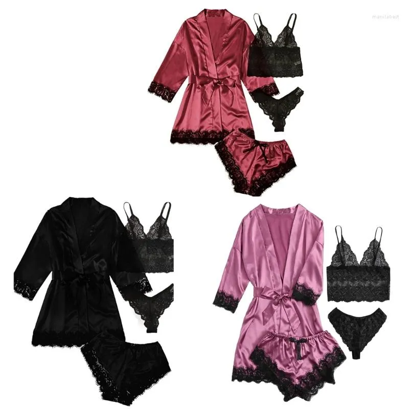 Women's Sleepwear 4Pieces/set Pajamas-Sets For Women Sexy Imitation-Silk Lingerie-Sleepwear Camisole Shorts Sleep Nightwear With Belt