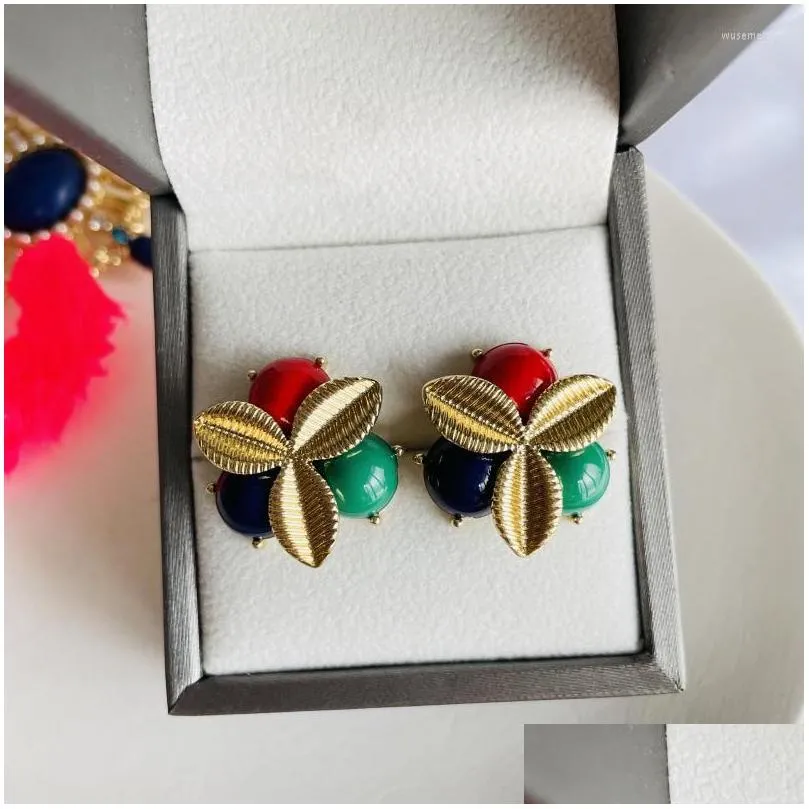 Stud Earrings Clover Petals Sier Needle Resin Suitable For Autumn Retro Style Alloy Female Accessories Drop Delivery Jewelry Dhfax