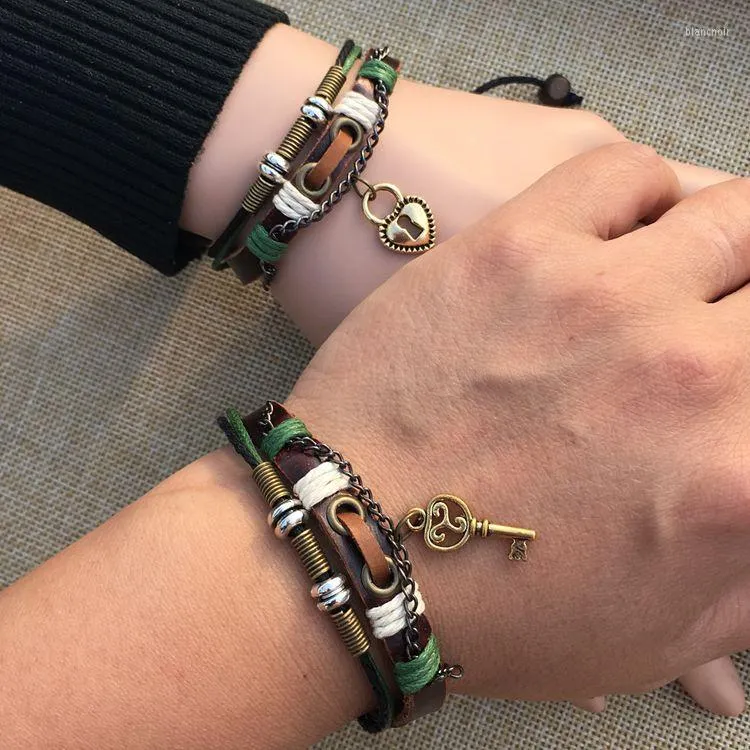 Link Bracelets 2PCS/Set Lovers Key Lock Pendant Hand Woven Leather Charm Bracelet Bangles Couples Adjustable Friendship Accessories