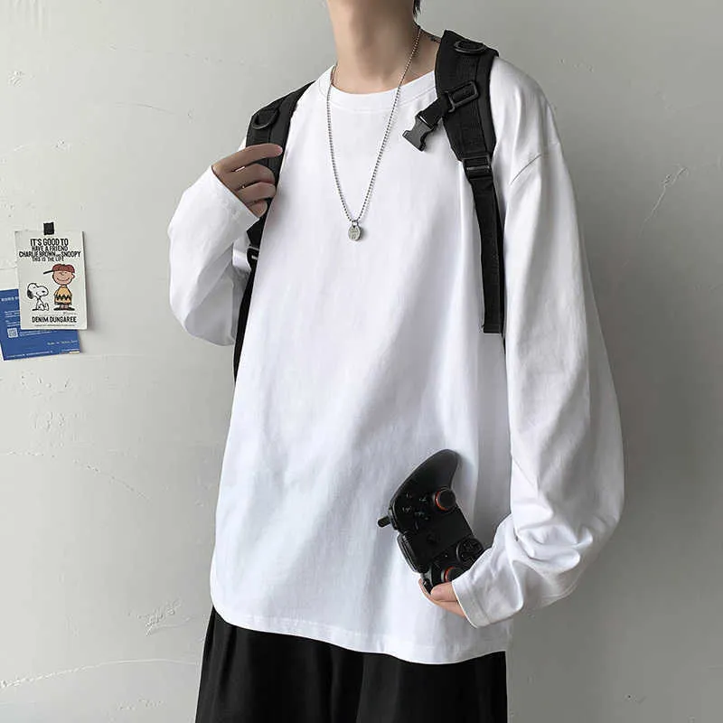 Men's T-Shirts HybSkr Korean Style Solid Color Long Sleeve T-shirt Fashion Streetwear Casual Loose Unisex Pullovers Clothing Y2302