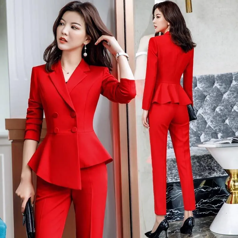 High Quality Women Formal Pant Suit 2 Piece Set Office Lady Work Wear  Uniform Designs Female Business Wine Jacket and Trousers