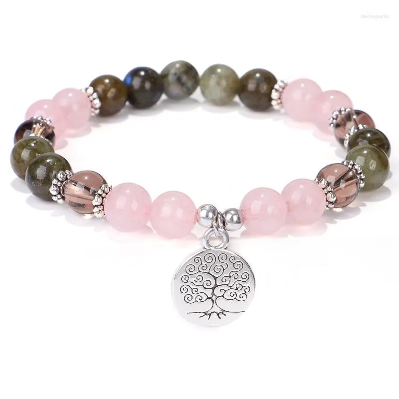 Bracelet à brins de verre de cristal rose, perles extensibles, pendentif arbre de vie, Yoga, charme pour femmes, Style chinois